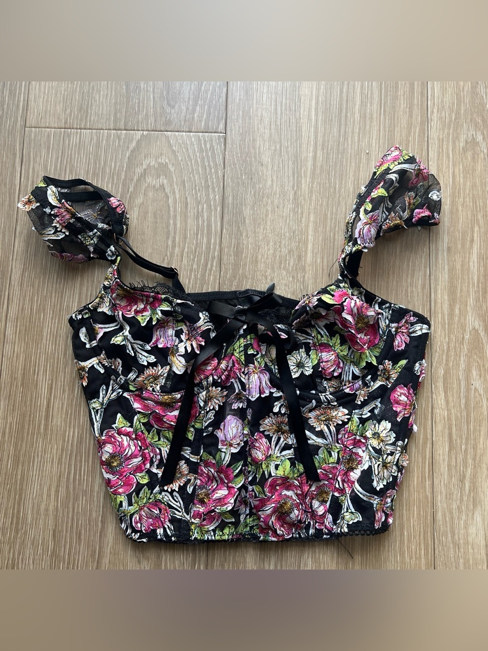 Victoria Secret Floral Lace-Up Black Crop Top with Pink & Green Blooms Size 32B
